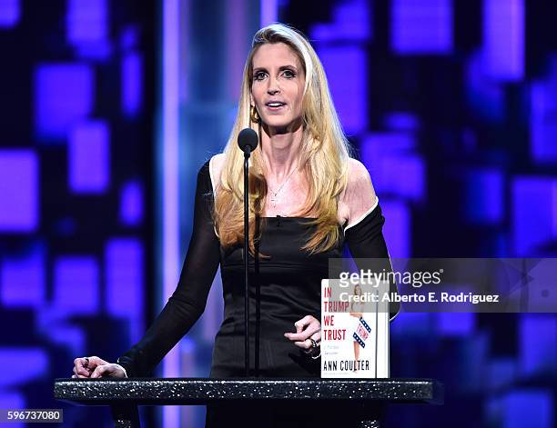 Political commentator/author Ann Coulter speaks onstage at The Comedy Central Roast of Rob Lowe at Sony Studios on August 27, 2016 in Los Angeles,...