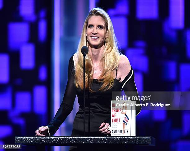 Political commentator/author Ann Coulter speaks onstage at The Comedy Central Roast of Rob Lowe at Sony Studios on August 27, 2016 in Los Angeles,...