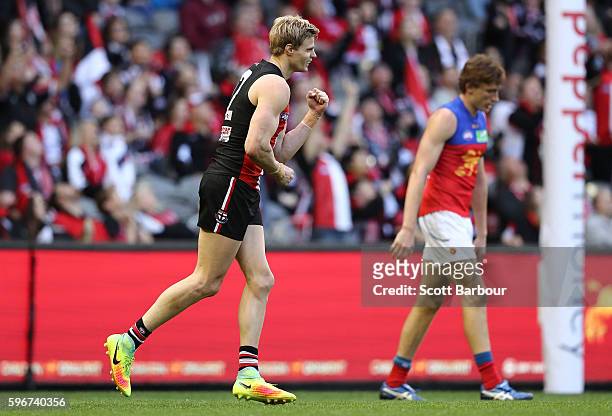 Nick Riewoldt of the Saints celebrates after kicking a goal during the round 23 AFL match between the St Kilda Saints and the Brisbane Lions at...