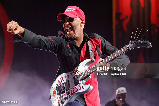 Guitarist Tom Morello of Prophets of Rage performs during the "Make America Rage Again" tour at Barclays Center on August 27, 2016 in New York City.