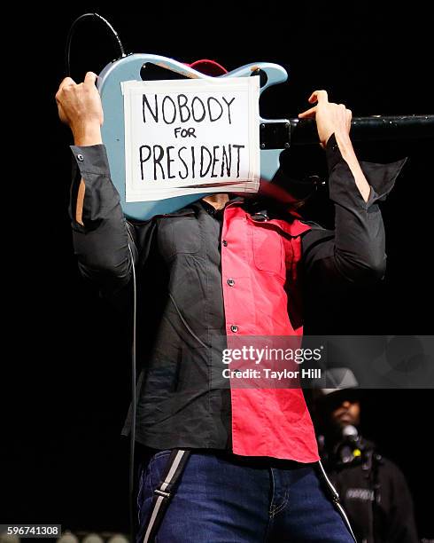 Guitarist Tom Morello of Prophets of Rage performs during the "Make America Rage Again" tour at Barclays Center on August 27, 2016 in New York City.