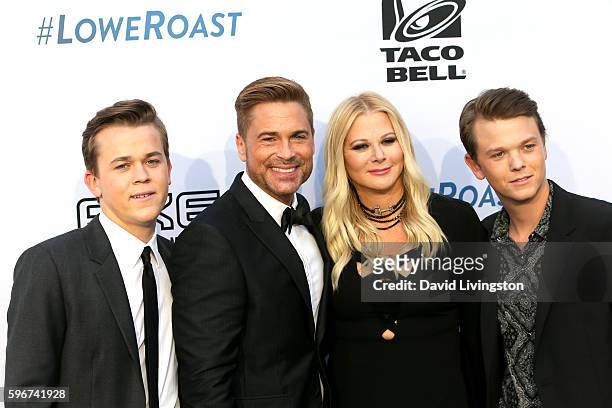 John Owen Lowe, honoree Rob Lowe, makeup artist Sheryl Berkoff and Matthew Edward Lowe attend the Comedy Central Roast of Rob Lowe at Sony Studios on...
