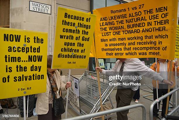 People participating in a demonstration against the Manchester Pride parade on August 27, 2016 in Manchester, England. The demonstration against the...