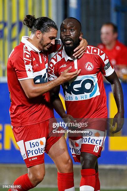 Herve Kage midfielder of KV Kortrijk celebrates pictured during the Jupiler Pro League match between STVV and Kv Kortrijk at the Stayen Stadium in...