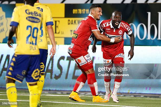 Herve Kage midfielder of KV Kortrijk celebrates pictured during the Jupiler Pro League match between STVV and Kv Kortrijk at the Stayen Stadium in...