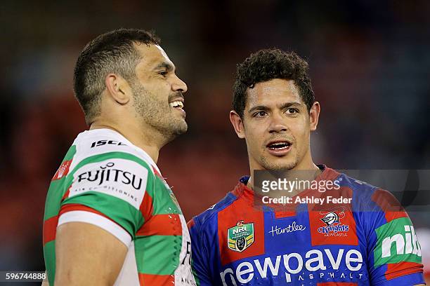 Dane Gagai of the Knights talks to Greg Inglis of the Rabbitohs after the game during the round 25 NRL match between the Newcastle Knights and the...