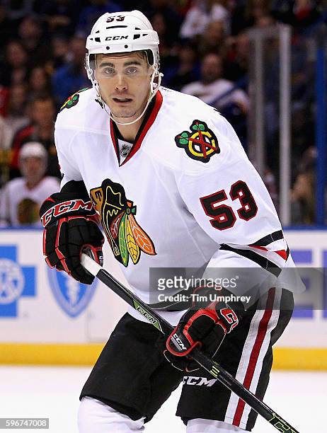 Brandon Mashinter of the Chicago Blackhawks plays in the game against the St. Louis Blues at the Scottrade Center on November 14, 2015 in St. Louis,...