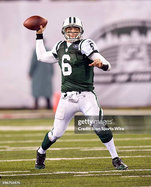 Miami Dolphins Vs. New York Jets at The New Meadowlands Stadium: Jets quarterback Mark Sanchez looking for the open man in the second half. The Jets...