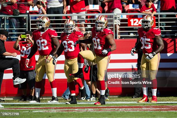 Defensive end Ray McDonald of the San Francisco 49ers warms up before an NFL football game between the San Francisco 49ers and the Chicago Bears at...