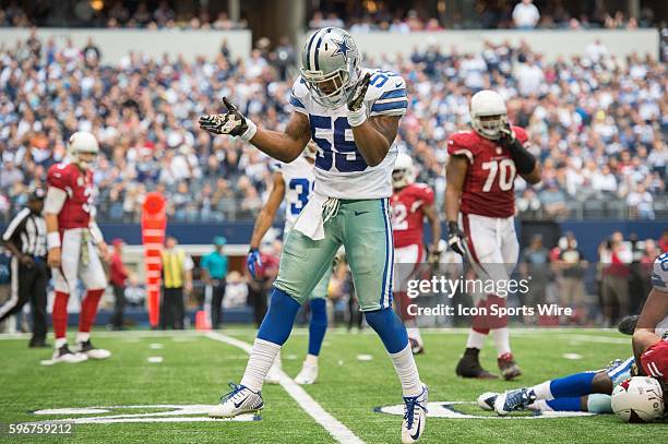 Dallas Cowboys linebacker Anthony Hitchens yells after a defensive stop during a football game between the Dallas Cowboys and Arizona Cardinals at...