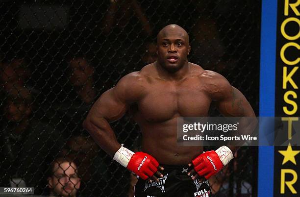 Bobby Lashley has his hands on his hips and is wide eyed after defeating Wes Sims during Showtime Sport's Strikeforce Miami Fight Card at the...