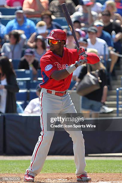 Philadelphia Phillies left fielder Domonic Brown at bat during the Major League Baseball Spring Training game between the Philadelphia Phillies and...