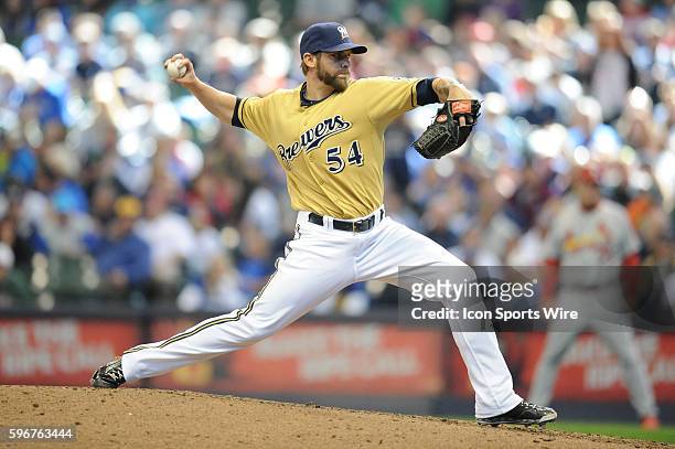 Milwaukee Brewers Pitcher Michael Blazek [10236] pitches during a game between the St. Louis Cardinals and Milwaukee Brewers at Miller Park in...