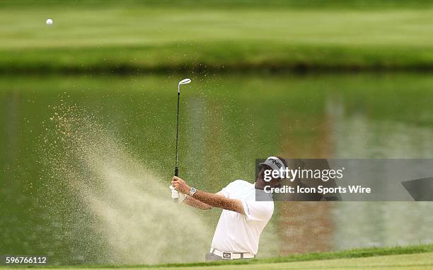 Bubba Watson from the bunker on 15 during the third round of the Travelers Championship at TPC River Highlands in Cromwell, CT.