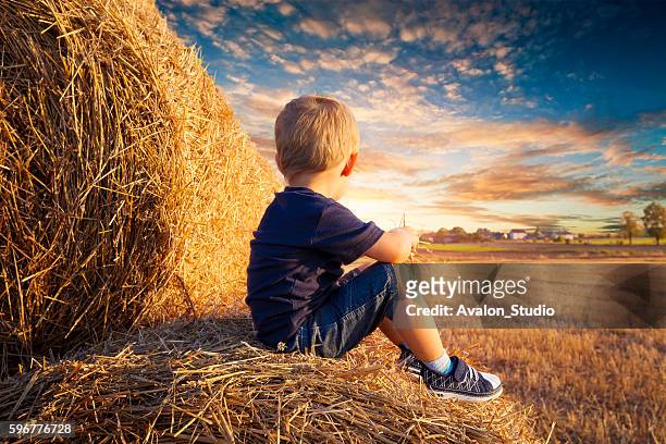 kind sitzt auf strohballen - kids farm stock-fotos und bilder
