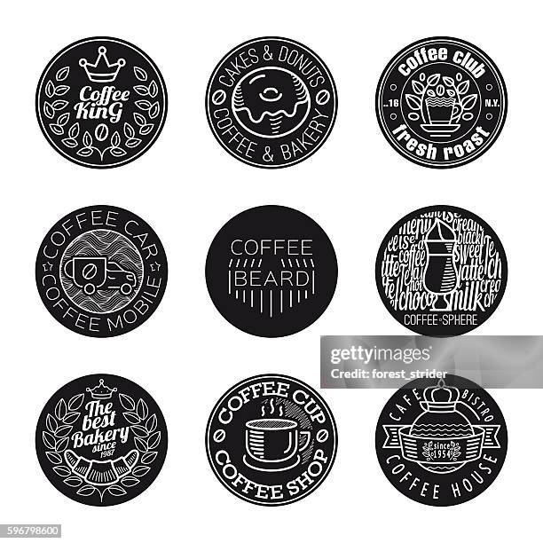kaffee schwarz runde logos, symbole, retro-etiketten und abzeichen - geröstete kaffeebohne stock-grafiken, -clipart, -cartoons und -symbole
