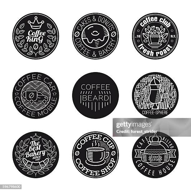 coffee black round logos, icons, retro labels and badges - vintage coffee labels stock illustrations