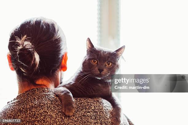 pet owner with cat - hairy back man stock pictures, royalty-free photos & images