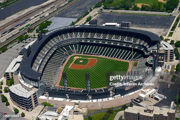 Aerial view looking down on an empty US Cellular Field, home field of the Chicago White Sox baseball team in the South Side of Chicago, Illinois, May...