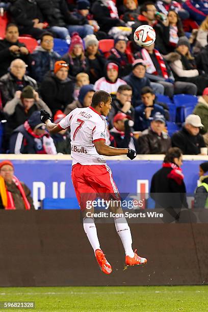New York Red Bulls defender Roy Miller goes up for a headball during the MLS - Eastern Conference Semifinal between the New York Red Bulls and the...