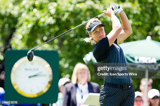 Suzann Pettersen watches her tee shot after teeing off from the 1st tee during the second round of the 2015 U.S. Women's Open at Lancaster Country...