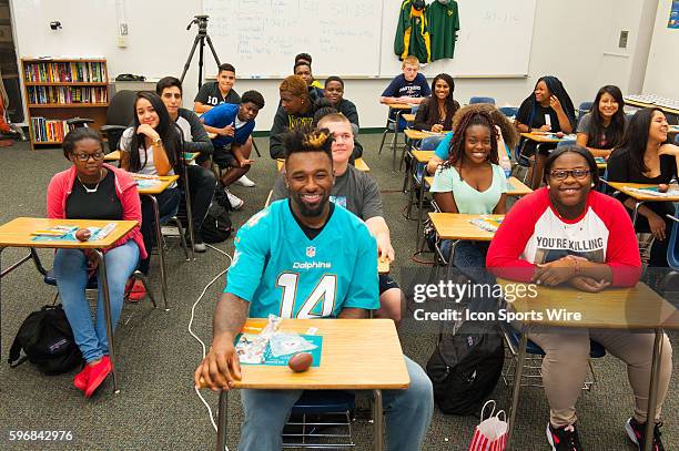 Jarvis sits in the classroom with the students. Miami Dolphins WR Jarvis Landry and BankUnited Florida State President Thomas M. Cornish launch the 4...