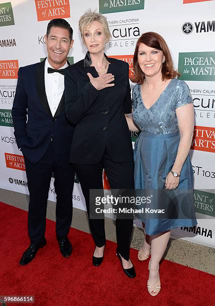 Musician Tim Davis, actress Jane Lynch, and actress Kate Flannery attend the Festival of Arts Celebrity Benefit Concert and Pageant on August 27,...