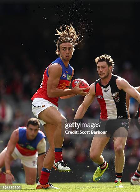 Rhys Mathieson of the Lions competes for the ball during the round 23 AFL match between the St Kilda Saints and the Brisbane Lions at Etihad Stadium...