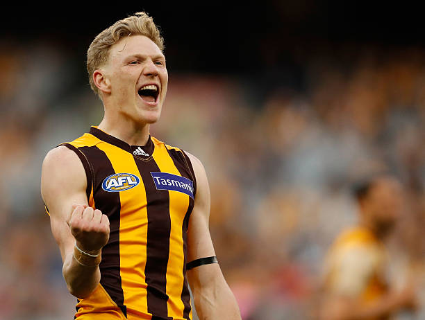 James Sicily of the Hawks celebrates a goal during the 2016 AFL Round 23 match between the Hawthorn Hawks and the Collingwood Magpies at the...