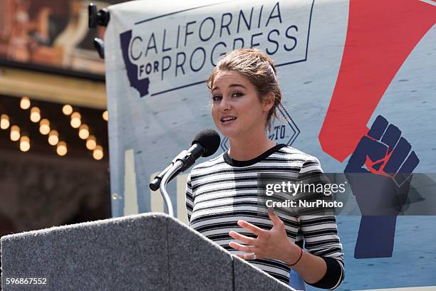 Actress Shailene Woodley speaks during the Enough is Enough protest in Los Angeles California, August 27, 2016. People gathered to protest a variety...