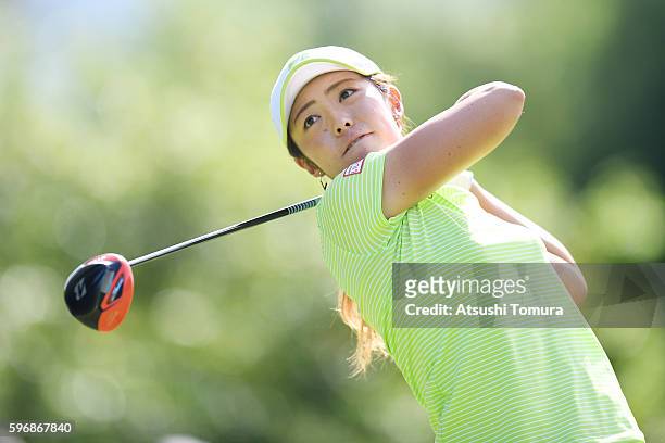 Ayaka Watanabe of Japan hits her tee shot on the 18th hole during the final round of the Nitori Ladies 2016 at the Otaru Country Club on August 28,...