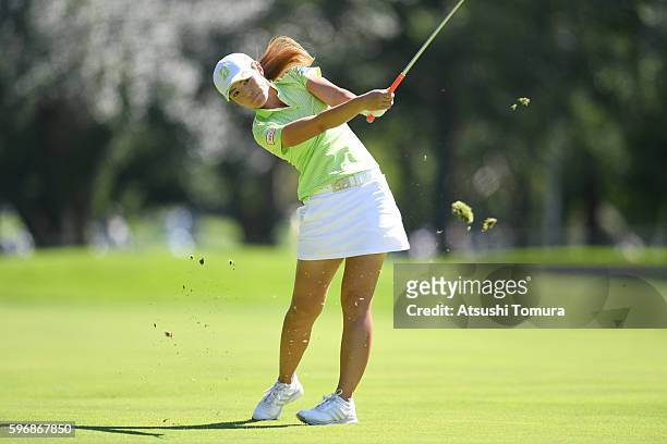 Ayaka Watanabe of Japan hits her second shot on the 3rd hole during the final round of the Nitori Ladies 2016 at the Otaru Country Club on August 28,...