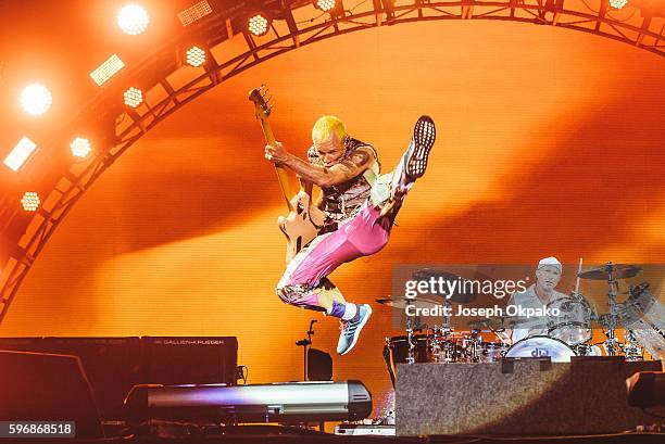 Flea of Red Hot Chili Peppers performs on stage on Day 2 at Reading Festival 2016 on August 27, 2016 in Reading, England.