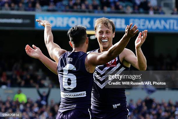 Danyle Pearce of the Dockers celebrates after scoring a goal during the round 23 AFL match between the Fremantle Dockers and the Western Bulldogs at...