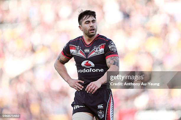 Shaun Johnson of the Warriors looks on during the round 25 NRL match between the New Zealand Warriors and the Wests Tigers at Mount Smart Stadium on...