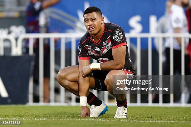 David Fusitu'a of the Warriors is dejected after losing the round 25 NRL match between the New Zealand Warriors and the Wests Tigers at Mount Smart...
