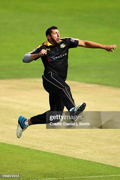 Tim Bresnan of Yorkshire reacts after the dismissal of Kumar Sangakkara of Surrey during the Royal London One-Day Cup Semi Final match between...