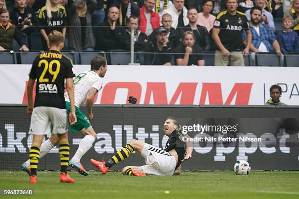 Johan Persson of Hammarby IF and Nils-Eric Johansson of AIK during the allsvenskan match between AIK and Hammarby IF at Friends arena on August 28,...