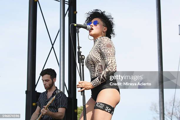 Singer, Sophia Urista of The Veevees performs during the 12th Annual Afropunk Brooklyn Festival at Commodore Barry Park on August 27, 2016 in...