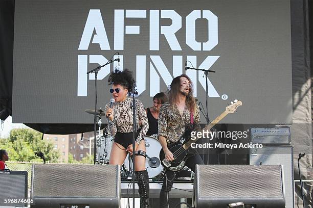 Singer, Sophia Urista, drummer Andrea Belfiore and bassist, Garrett Cillo of The Veevees perform during the 12th Annual Afropunk Brooklyn Festival at...