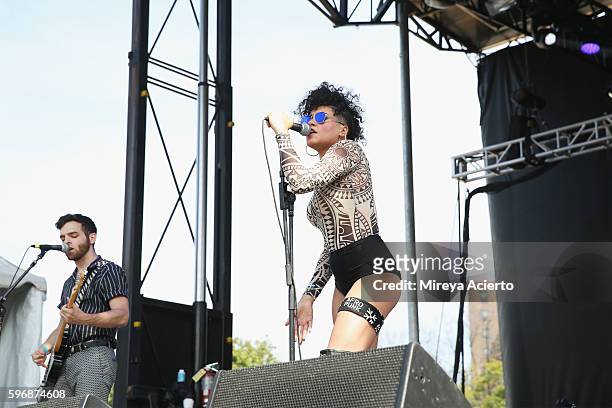 Singer, Sophia Urista of The Veevees performs during the 12th Annual Afropunk Brooklyn Festival at Commodore Barry Park on August 27, 2016 in...