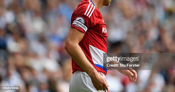 Detail shot of The captain's armband of Middlesbrough captain Ben Gibson during the Premier League match between West Bromwich Albion and...