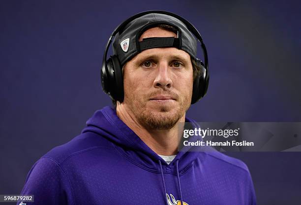 Chad Greenway of the Minnesota Vikings looks on before the game against the San Diego Chargers on August 28, 2016 at US Bank Stadium in Minneapolis,...