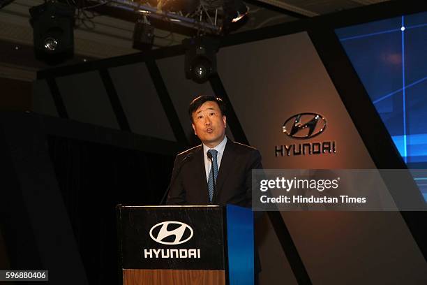 Hyundai Motor India MD and CEO YK Koo during the launch of new sixth generation premium sedan Elantra car at Taj Palace, on August 23, 2016 in New...