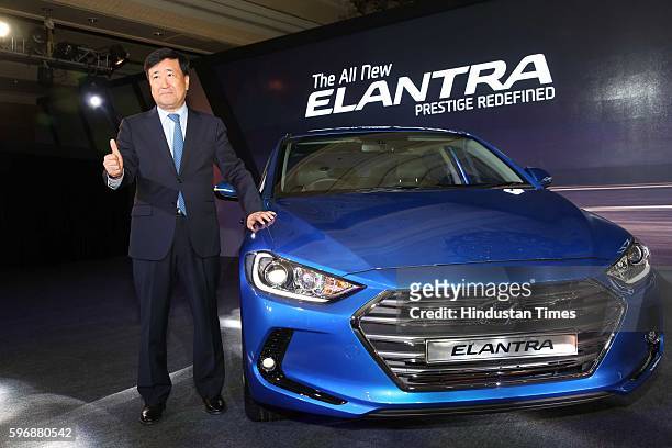 Hyundai Motor India MD and CEO YK Koo poses during the launch of new sixth generation premium sedan Elantra car at Taj Palace, on August 23, 2016 in...