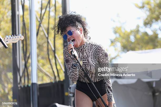 Singer, Sophia Urista of The Veevees performs during the 12th Annual Afropunk Brooklyn Festival at Commodore Barry Park on August 27, 2016 in...