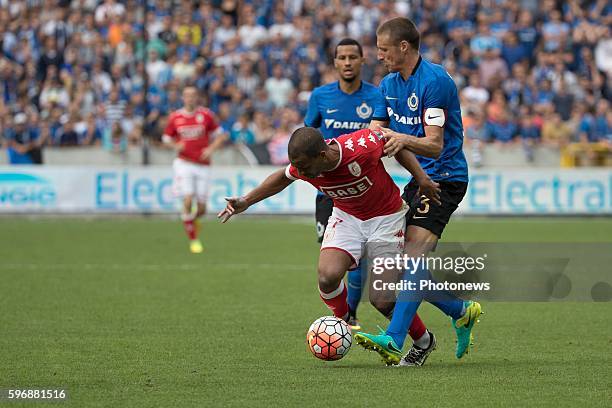 B03 Timmy Simons midfielder of Club Brugge s07 Matthieu Dossevi midfielder of Standard Liege during the Jupiler Pro League match between Club Brugge...