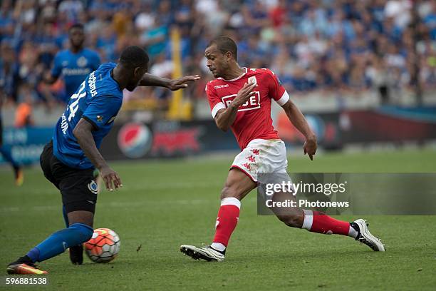 B24 Stefano Denswil defender of Club Brugge s07 Matthieu Dossevi midfielder of Standard Liege during the Jupiler Pro League match between Club Brugge...