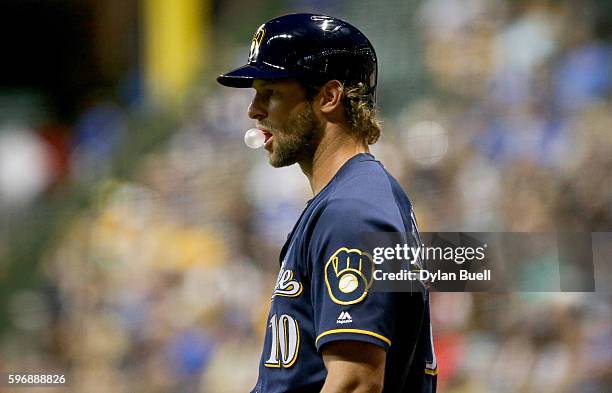 Kirk Nieuwenhuis of the Milwaukee Brewers waits in the on-deck circle in the fourth inning against the Pittsburgh Pirates at Miller Park on August...