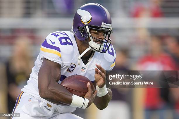 Minnesota Vikings running back Adrian Peterson in action during an NFL game between the Minnesota Vikings and the 49ers at Levi's Stadium in Santa...